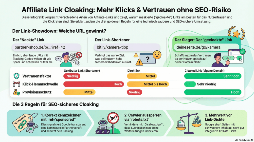 Info-Grafik: Affiliate Link Cloaking: Mehr Klicks & Vertrauen ohne SEO-Risiko